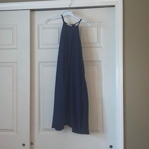 Navy blue flowy dress with high neckline